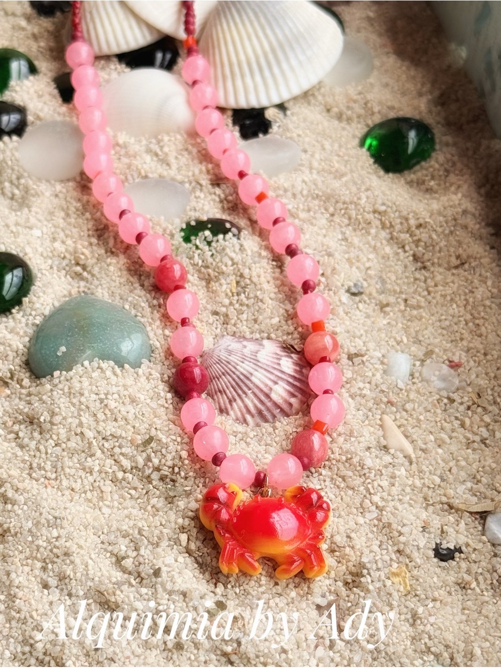 Pink and Turquoise Beaded Gemstone Necklace with SEASIDE Lobster Charms - Picture 3 of 13